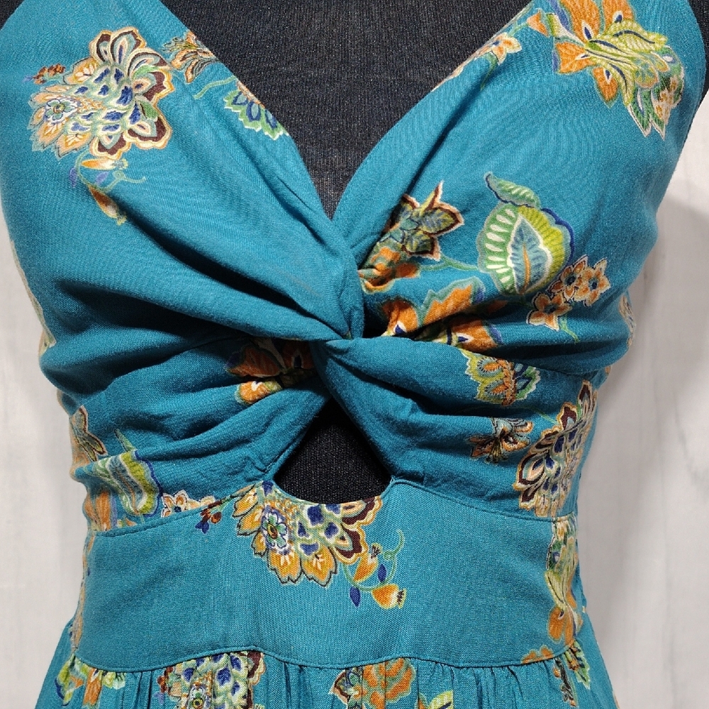 Angie Boho Teal and Gold Floral Midi Dress - Picture 3 of 7